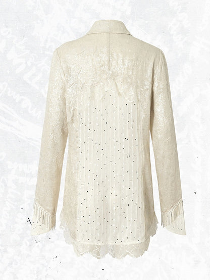 Beige Satin Lace-Trimmed Punk Shirt with Chain Accents