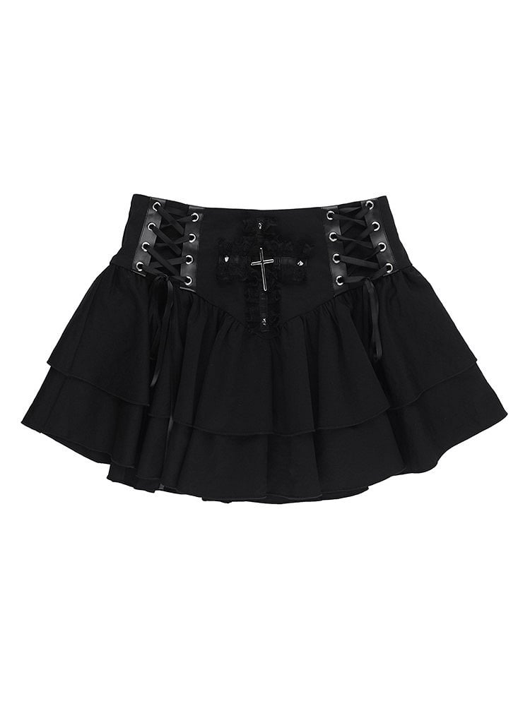 Crisscross Lacing Cross Halloween Gothic Metal Skirt Ruffle-trimmed with Tiered Black