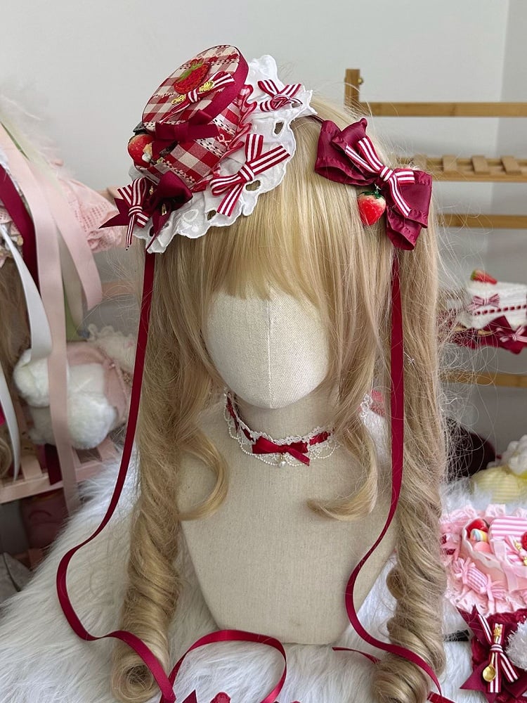 with Candy Hat and Bow Embroidery Strawberry Red Box Lolita Striped Mini White