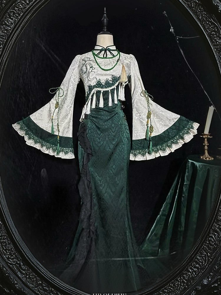 Slythern Green Flounce Sleeves Cheongsam Style Goth Snake Scale Print Qipao Dress Short and Long