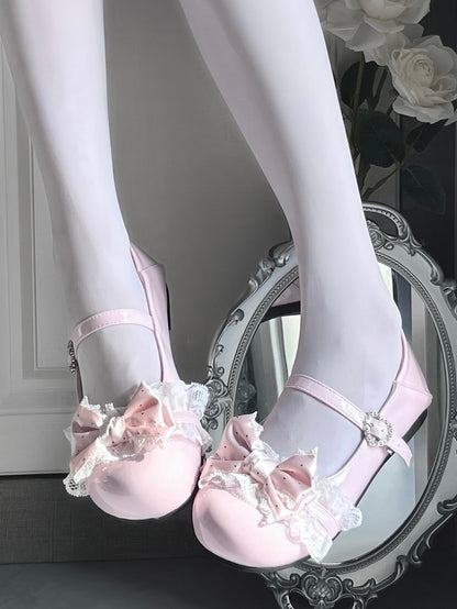 Pink Sweet Lolita Round Toe Flats - Polka Dot Bow with Lace Trim & Crystal Heart Snap