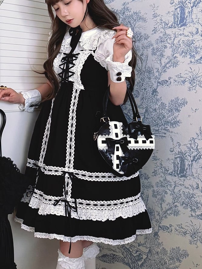 PU-Saum, Schleife, süße Riemen, herzförmige Handakzente, Tasche, schwarz, gewellt – Lolita