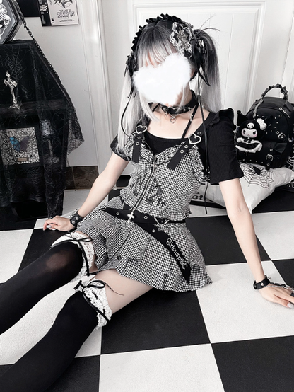with Zipper Ruffled White Heart Vest Gothic Black Cross Houndstooth Straps Buckle