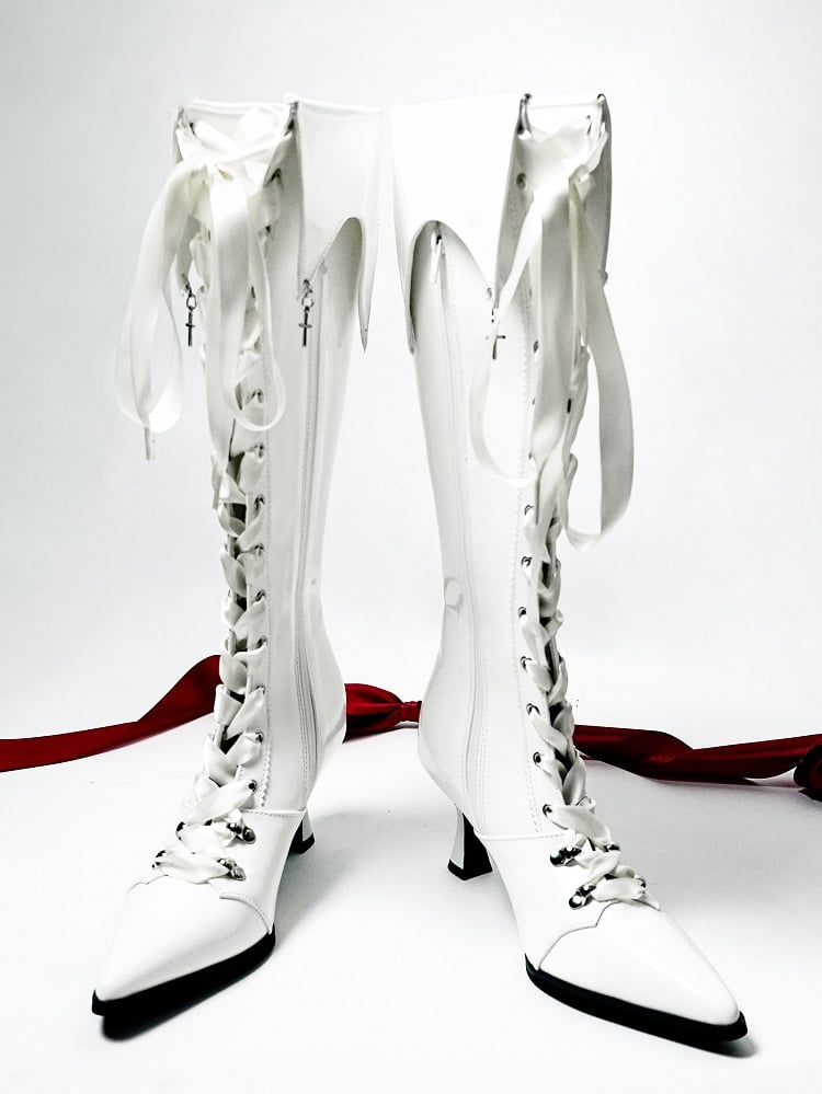 High-heel Gothic Polished Knee-Length Fold-Down - Collar White Boots