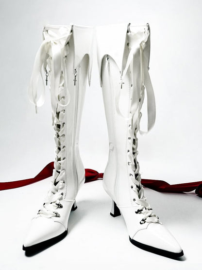 High-heel Gothic Polished Knee-Length Fold-Down - Collar White Boots