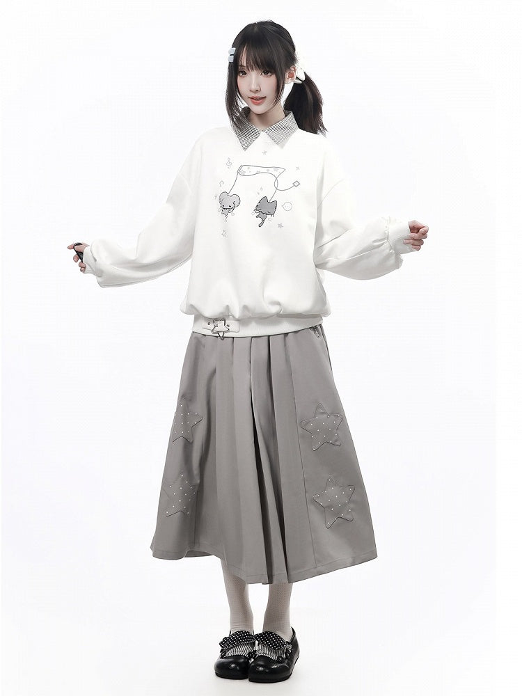 Kawaii Gray Pleated Long Skirt with Star Patch Accents - PINK SAVIOR