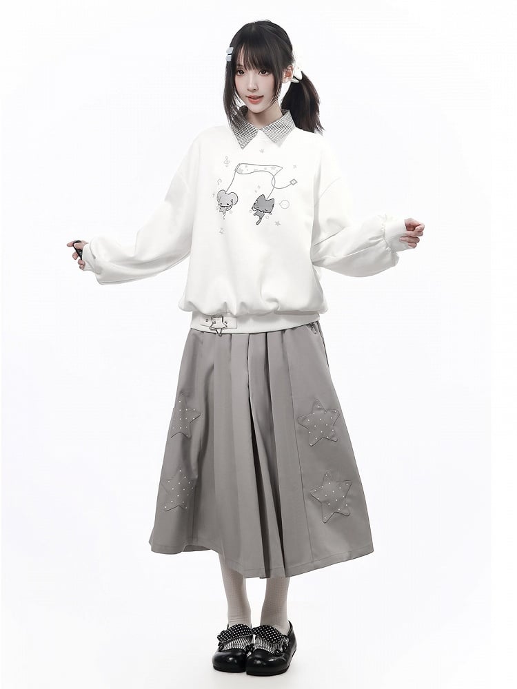 Kawaii White Crewneck Mouse Print Sweatshirt Plaid Shawl Set - PINK SAVIOR