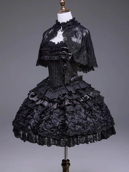Black Elegant JSK Dress with Pearl and Floral Brooch - Airfreeing