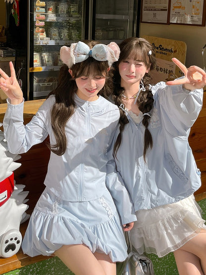 ショート/ロングジャケット ライトブルー ラムプリント サンプロテクション フード付きバージョン