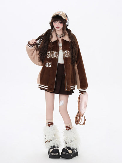 Jacket with Embroidery Fleece Brown Baseball Deep Letter Heart