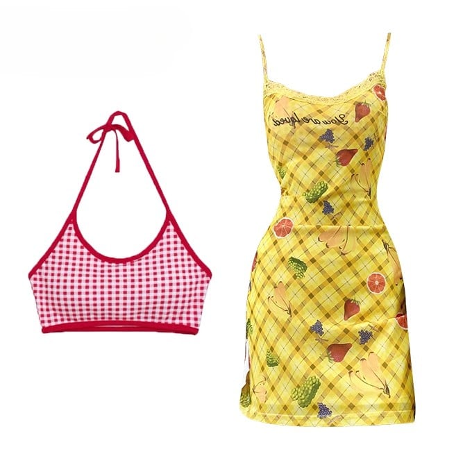 Y2K Pattern Plaid Letter Neck + Yellow Fruit Halter Cami Print Bittersweet Dress Top And Red