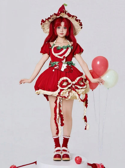 Red Ruffled Sweet Lolita Fluffy OP Dress Full Set