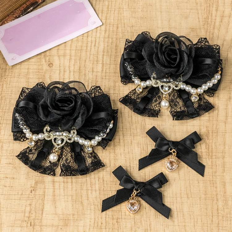 Jirai Kei Dusty Pink/Apricot/Black Heart Charm Hairclips Bowknot