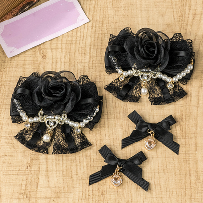 Jirai Kei Dusty Pink/Apricot/Black Heart Charm Hairclips Bowknot
