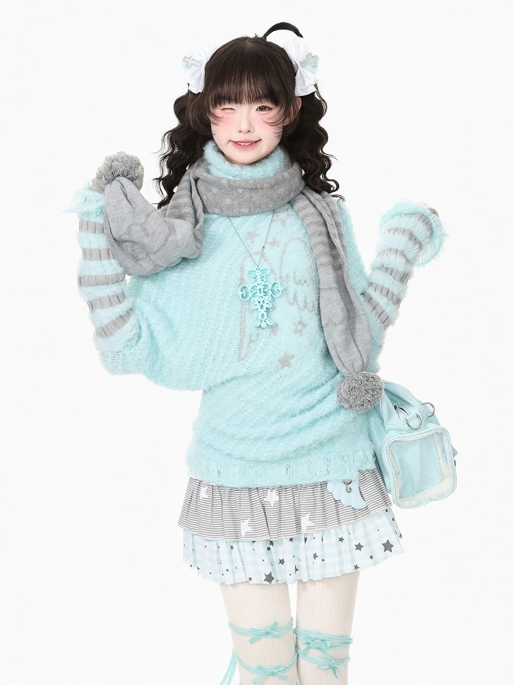Cool Season Kawaii Blue Asymmetric Faux Mohair Star Wing Sweater - Languid Park