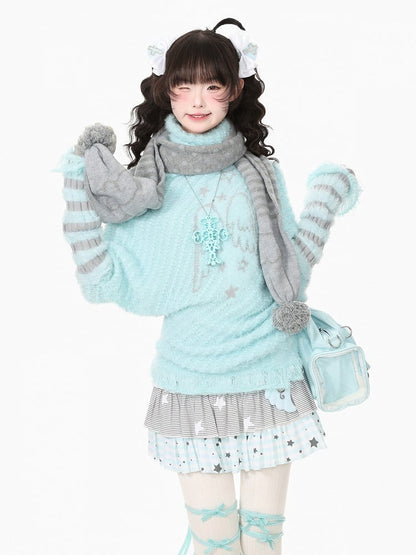 Cool Season Kawaii Blue Asymmetric Faux Mohair Star Wing Sweater - Languid Park