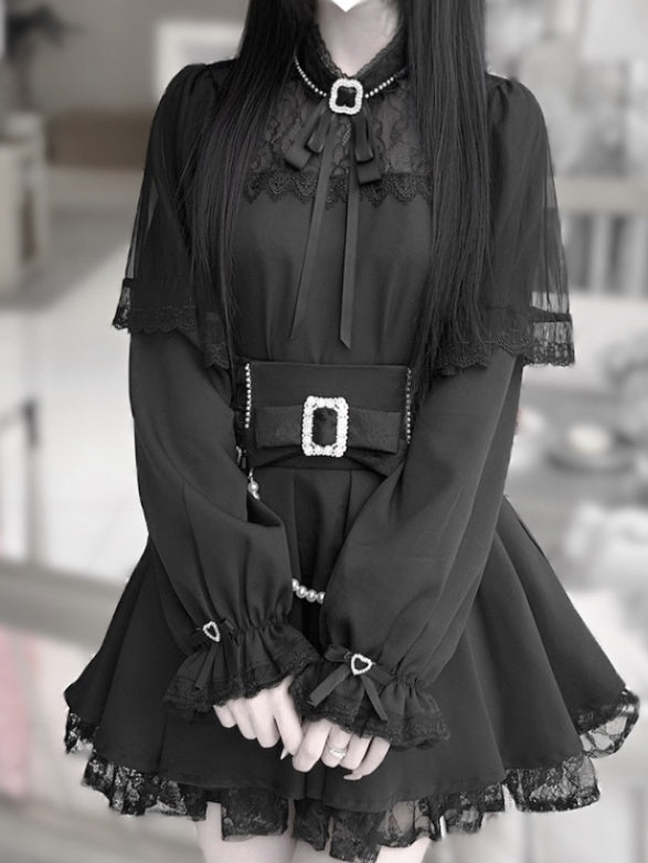 Top: Jirai Darkly Elegant Flowing Neckline Sleeves Cape Illusion Kei Black
