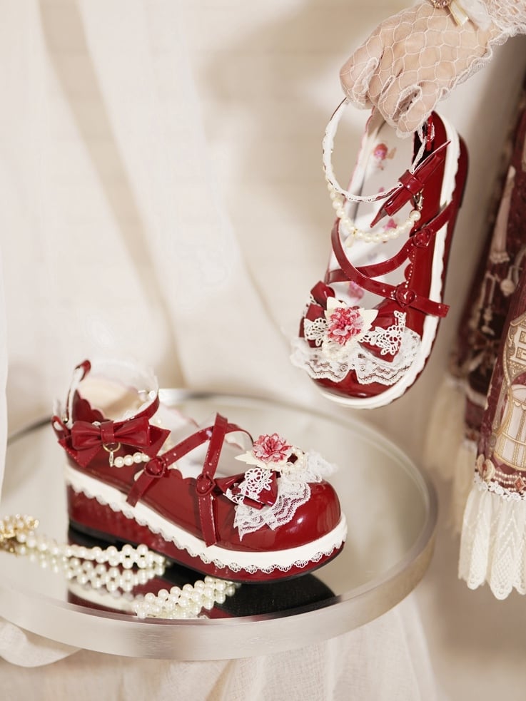 Floral at Lace Design Buckle Top Detachable With Heart Trim Chain Beaded Red Bow Platforms