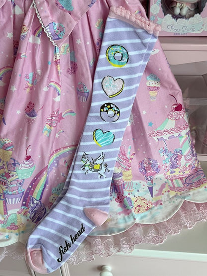 Over Striped Knee Donut Unicorn Pattern Print Lolita Pink/Yellow/Blue/Purple Stockings