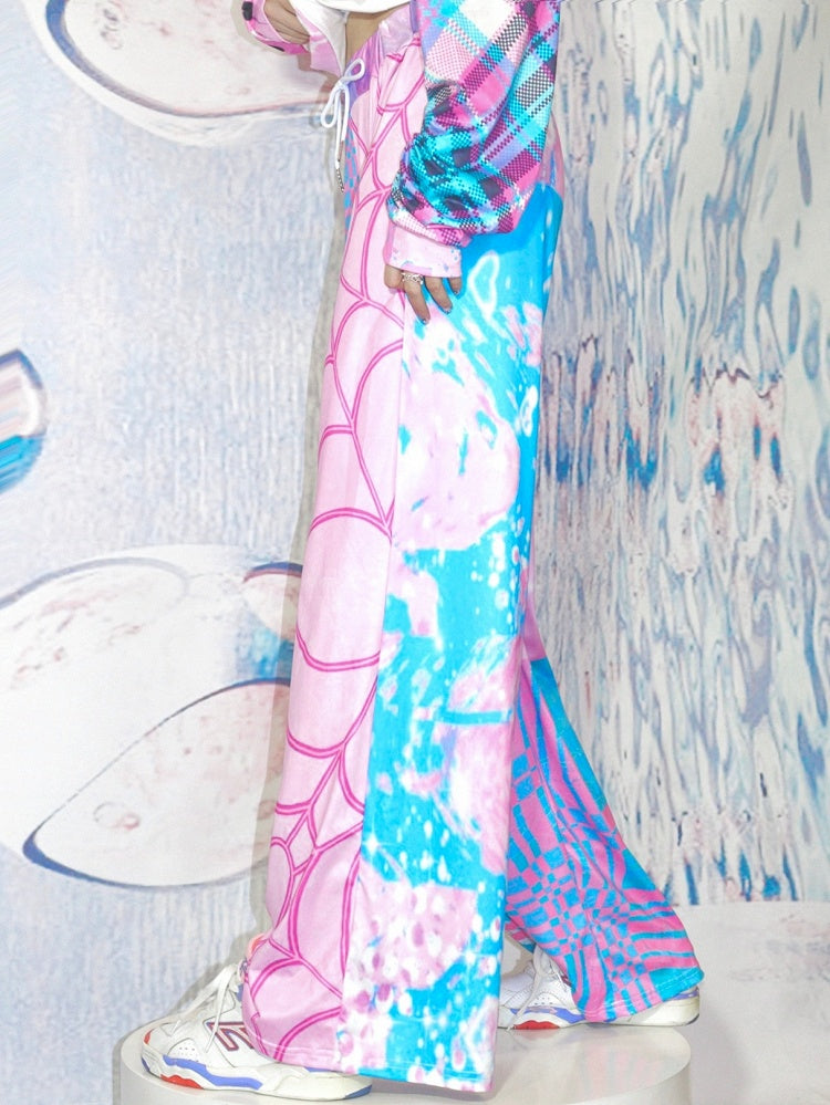 Kariertes Muster Y2K Web BluePink Schlaghose und Spinnensilhouette