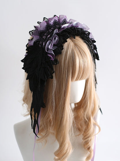 Lolita Hairband Gothic Colors Feather-Shaped Lace 8 Black