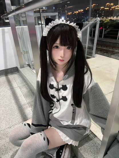 Cozy and Hood Coat 'Moe' - White Cat Gray Ear Fleece Daywear