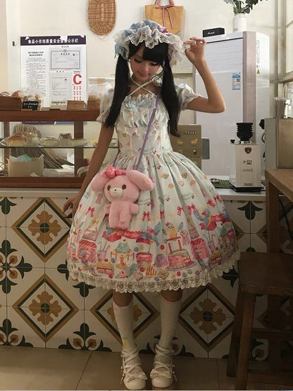 Blue Halter Lolita OP Full Set with Dessert and Bird Print, Hairband, Baby Hat, Wrist Cuffs and Bow Hair Clip - Good Night Meow