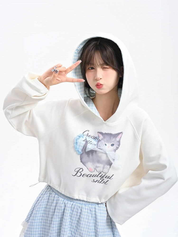 Print Drawstring Hem Blue Hoodie Plaid Adorable Cartoon Kitty Hood White