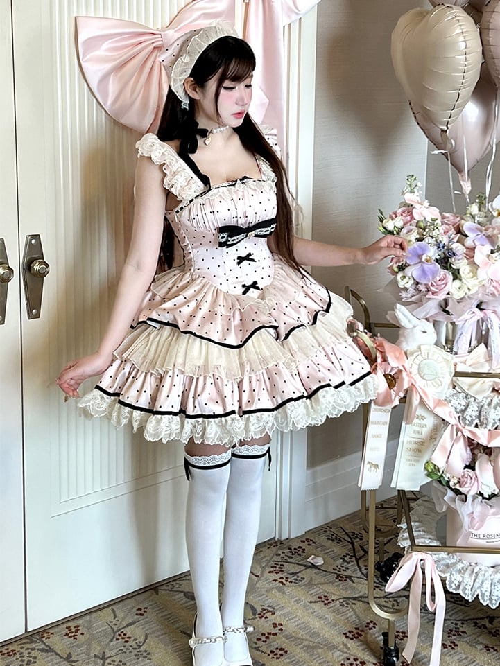 Polka Rock Stufen Schwarz Rosa Taille Baskenkleid Süße Punkte