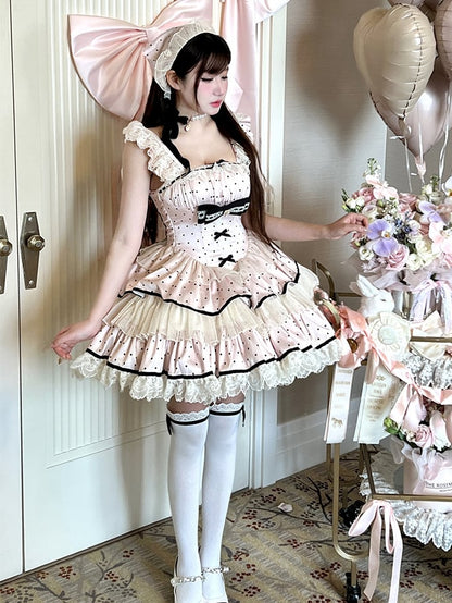 Polka Skirt Tiered Black Pink Waist Basque Sweet Dots Dress