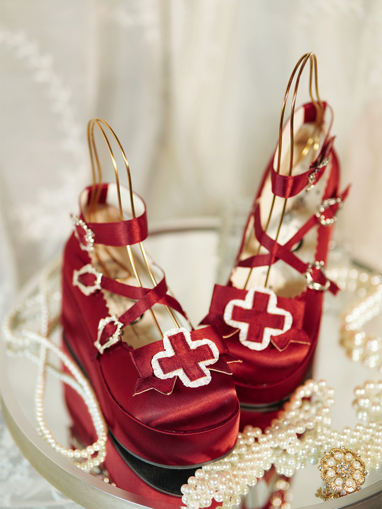 Heel 6cm Red Shoes Straps Gothic Balletcore Criss-cross Buckle Chunky Platform Satin