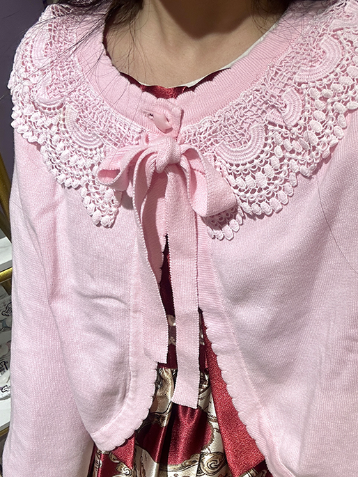 Knit Cardigan Pink Lace-Trimmed