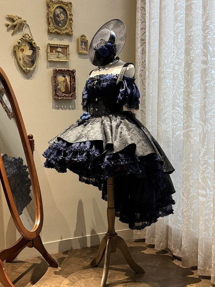 Gothic Underbust JSK Dress with Off-Shoulder Blouse, Dark Blue & Black, High-Low Skirt - Sheer Ocean