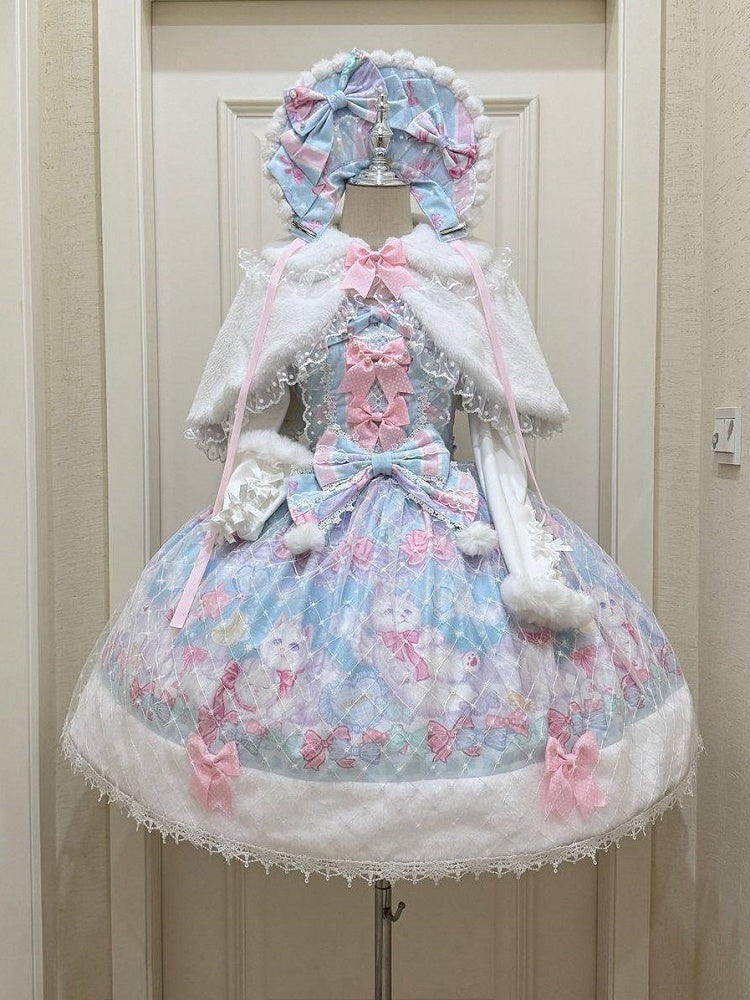Print with and Accents Hem Bow Pink Fur Dress Sweet Trim Lolita Cat Blue