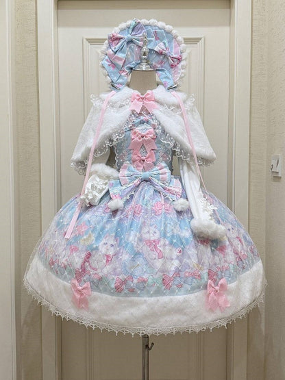 Print with and Accents Hem Bow Pink Fur Dress Sweet Trim Lolita Cat Blue