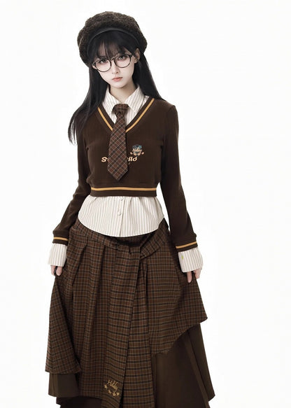 コーヒー＆ホワイトのフェイクツーピースストライプスウェットシャツとコーヒーチェック柄タイ