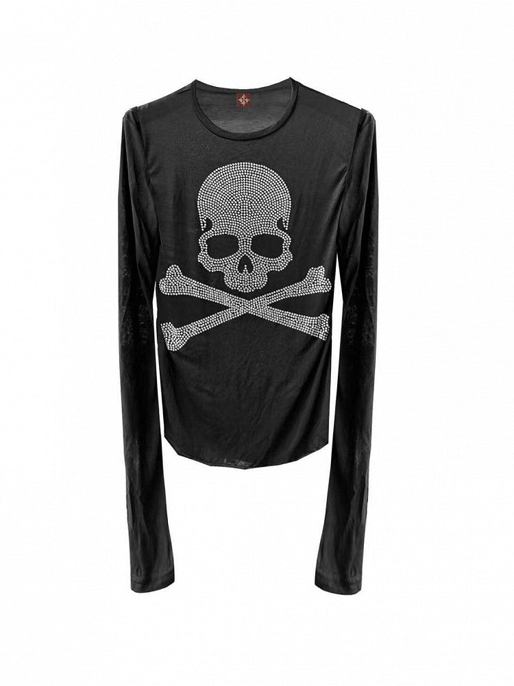 Silver Skull Rhinestone Top with Round Neck and Long Sleeves - DETW OnLine