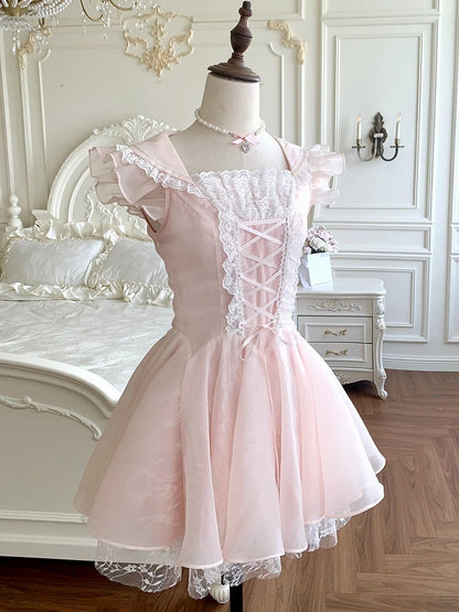 Trim Kleid Rosa Schnürung Taille Spitze Flatterärmel Balletcore