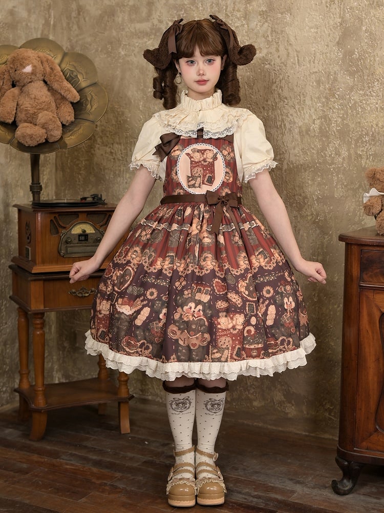 Brown Sweet Reddish Cookies and Overall Dress Print Puppy Furry Lolita