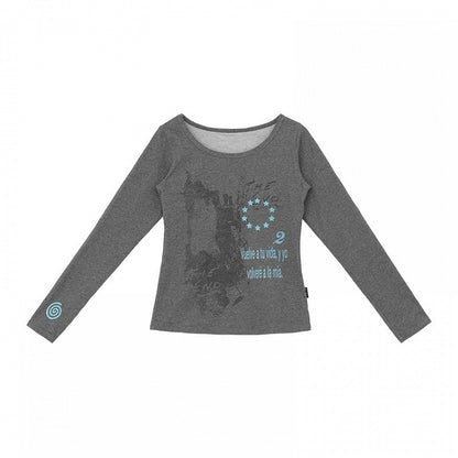 Y2K Gray Wide-Neck Long-Sleeved Fitted Tee with Distressed Graphic - innomoood