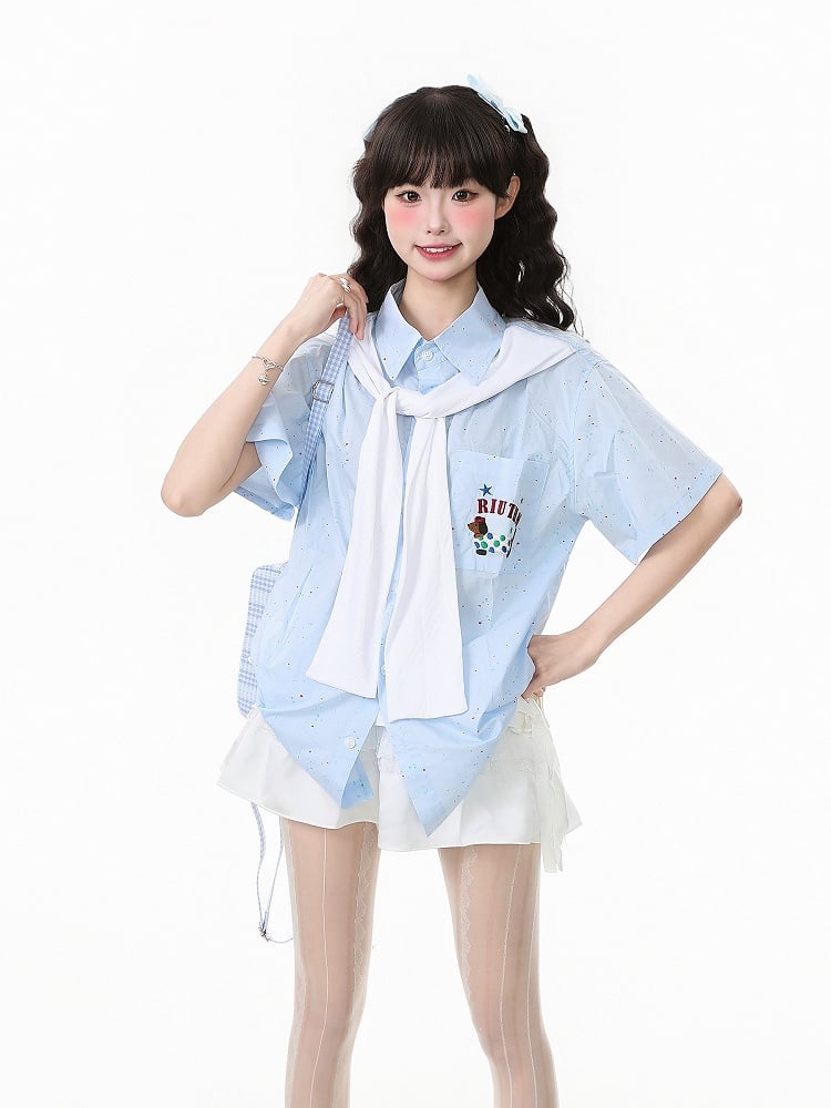 Kurz-/Langarmhemd mit verzierten blauen Kunstärmeln und entzückender Hundestickerei