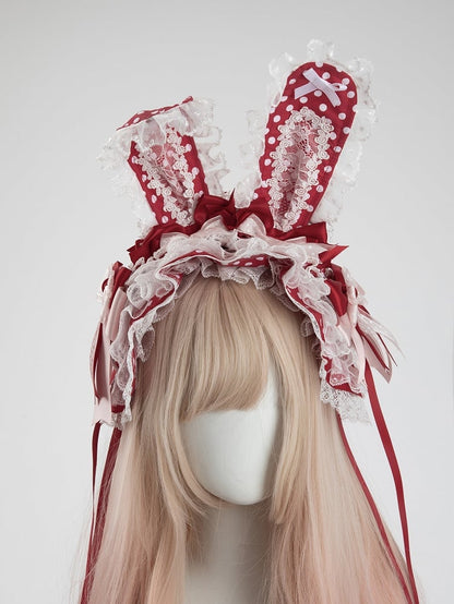 Bunny Hairband + Removable Red Ear Wide Polka-Dot Set Bundle