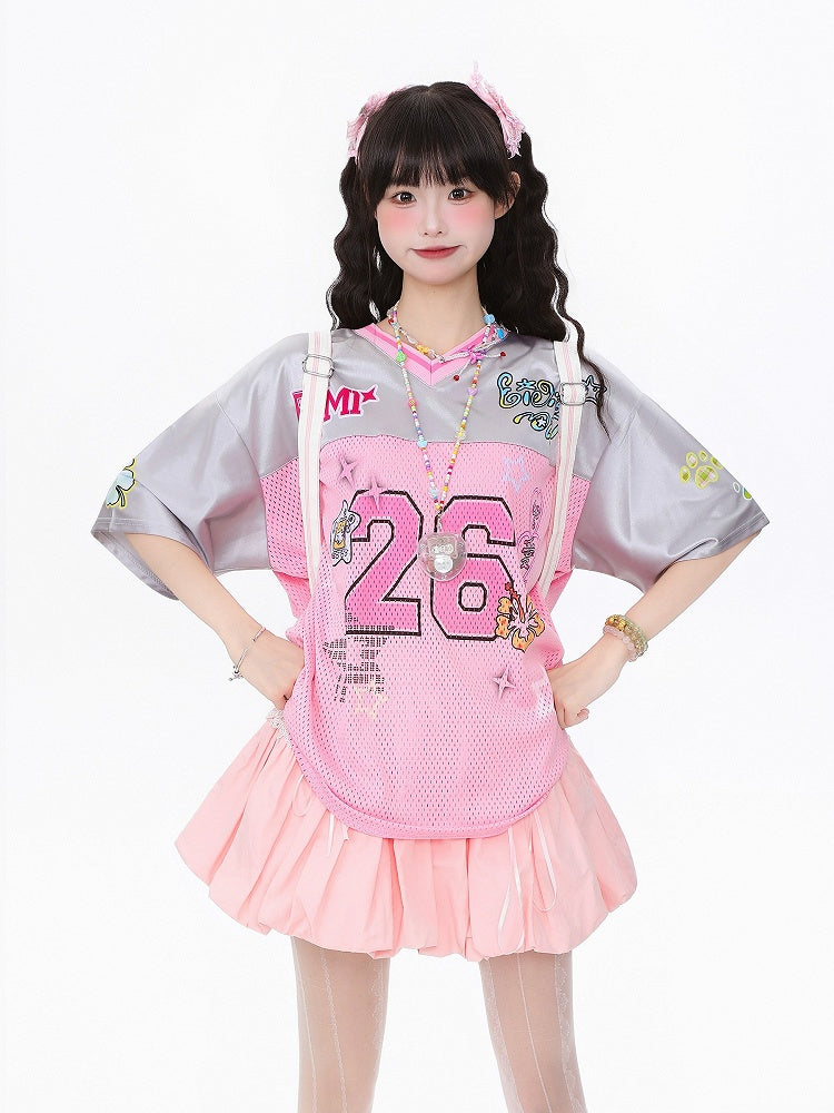 Breathable Satin Jersey T-Shirt with Contrast Collar and Number Print Pink/Green