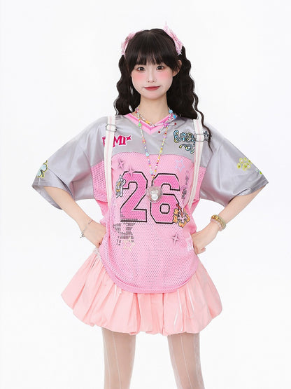 Breathable Satin Jersey T-Shirt with Contrast Collar and Number Print Pink/Green