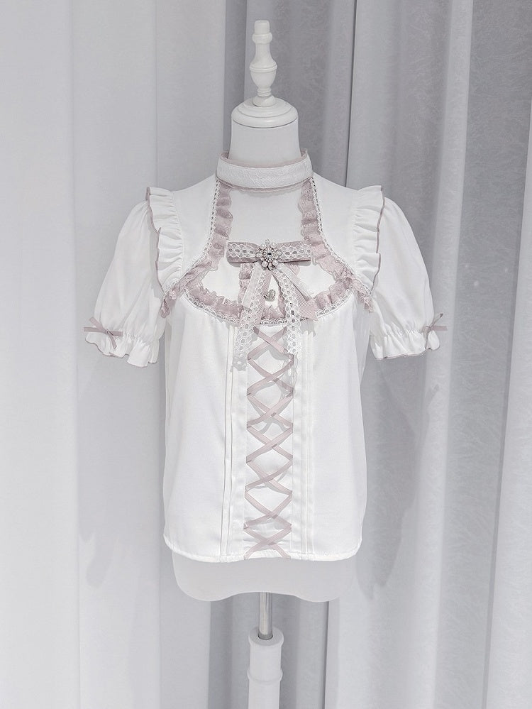 Pink and White Ruffle Sleeve Blouse with Lace, Bow and Choker Accents - GingaU