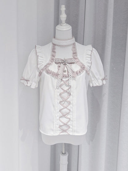 Pink and White Ruffle Sleeve Blouse with Lace, Bow and Choker Accents - GingaU