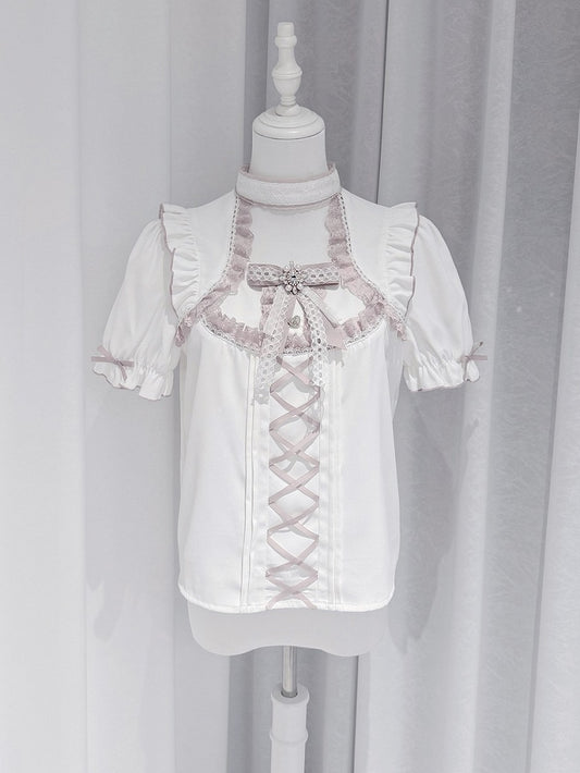 Pink and White Ruffle Sleeve Blouse with Lace, Bow and Choker Accents - GingaU