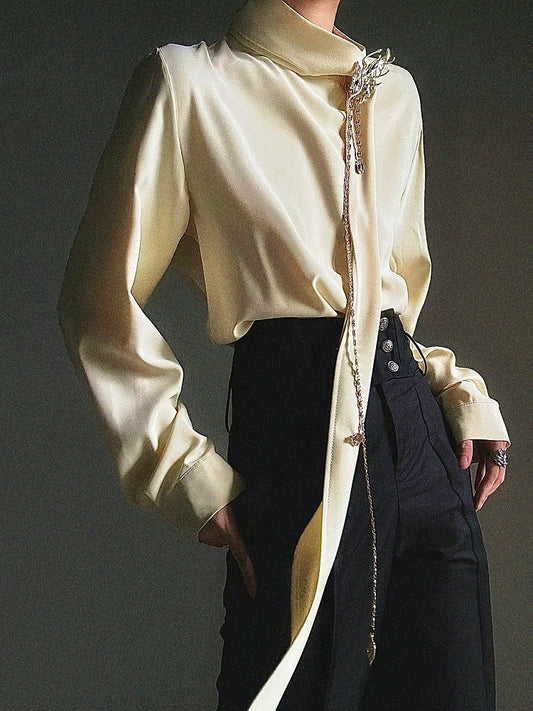 Yellow with Neck Prince Flowing Design Ouji Shirt Ribbon Mock - Accents