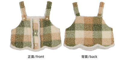 グリーンフローラルボタンディテールチェック柄フリースベスト