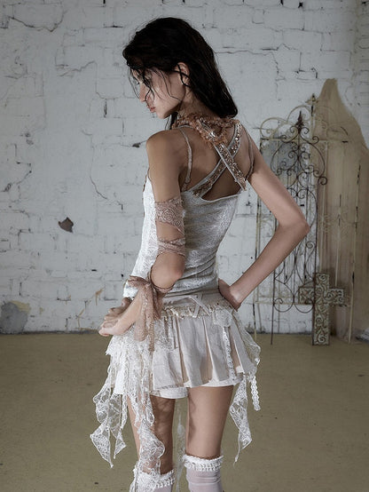 Punk Apricot Pleated Skort with Asymmetric Lace Trim - NO ROMANCE